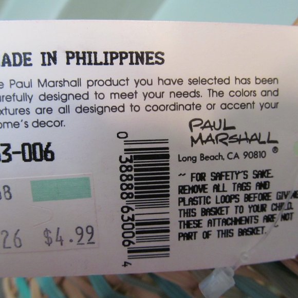 Vintage NWT Woven Wicker Basket w/ Handle Blue Green/Turquoise Paul Marshall NEW - Picture 12 of 12